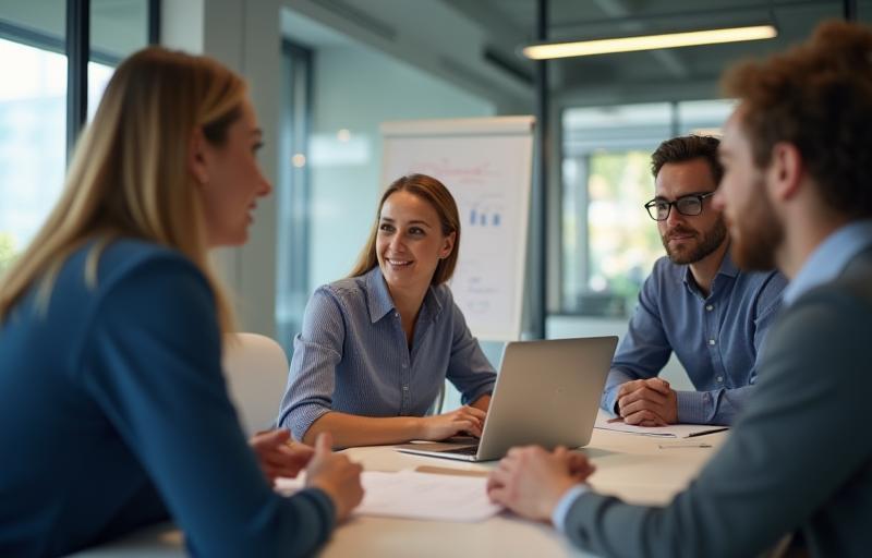 Swiss Skill Development AG Team diskutiert in einem modernen Büro.